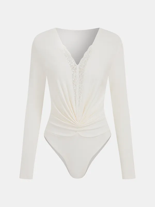 Long-Sleeve Lace Panel Ruched Bodysuit sold by COMMENSE