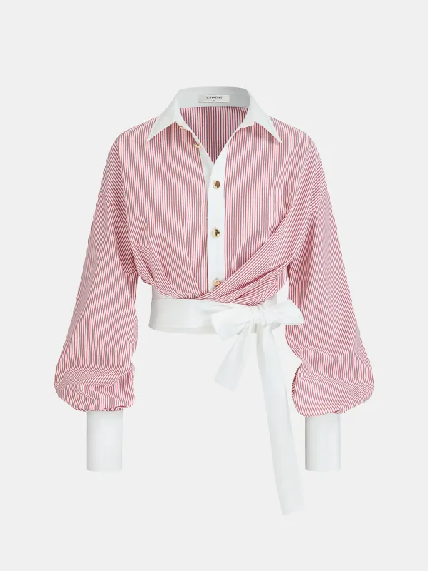 Color-Block Striped Tie-Waist Shirt sold by COMMENSE