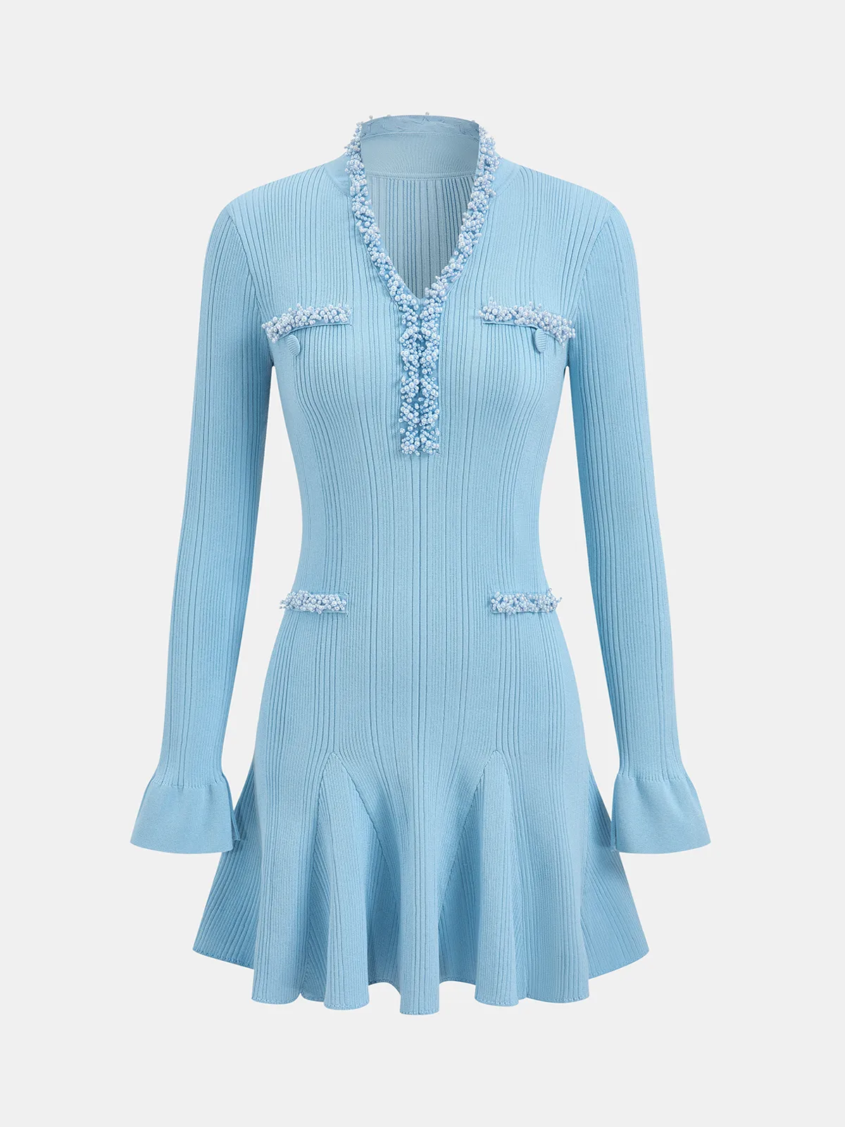 Ruffled Hem Pearl Trim Knit Mini Dress sold by COMMENSE