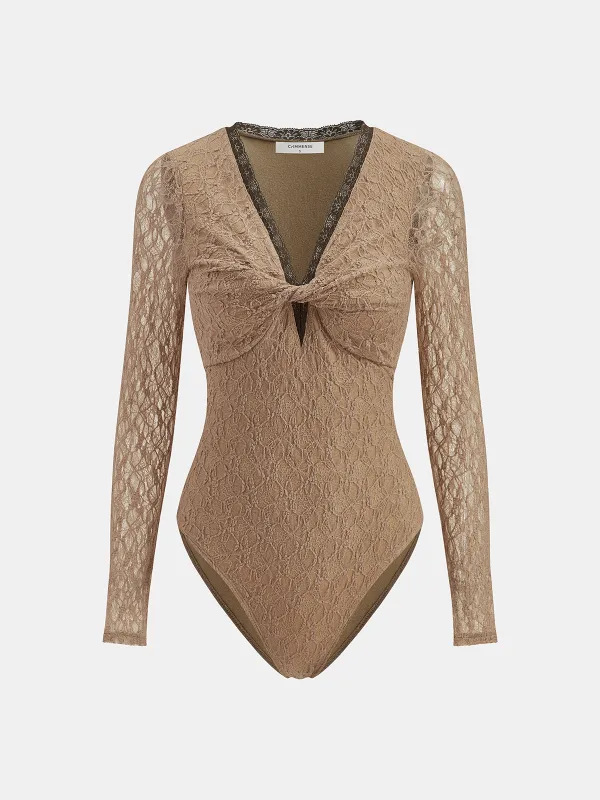 Semi-Sheer Lace Twist-Front Long-Sleeve Bodysuit sold by COMMENSE