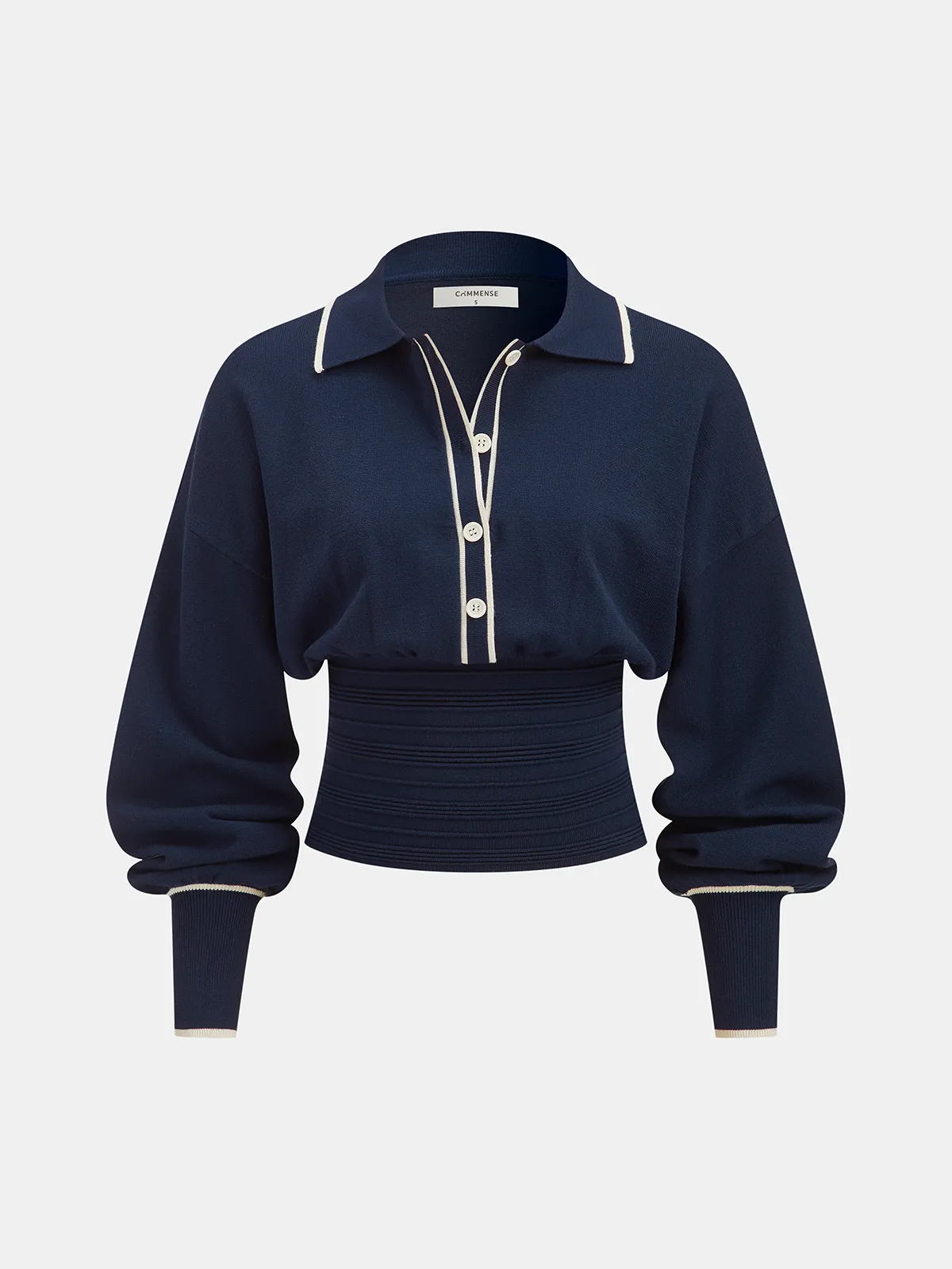 Contrast-Trim Cinched-Waist Knit Top sold by COMMENSE