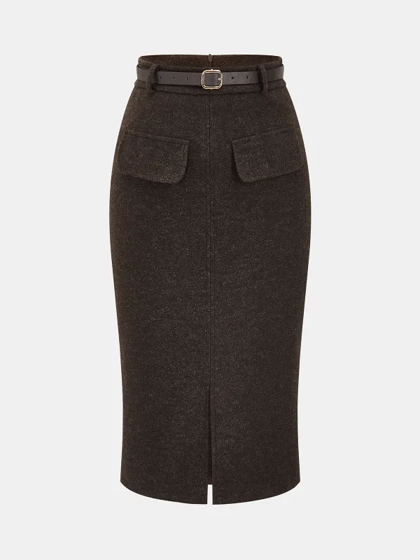 Faux Cashmere Belted Slit Pencil Skirt sold by COMMENSE
