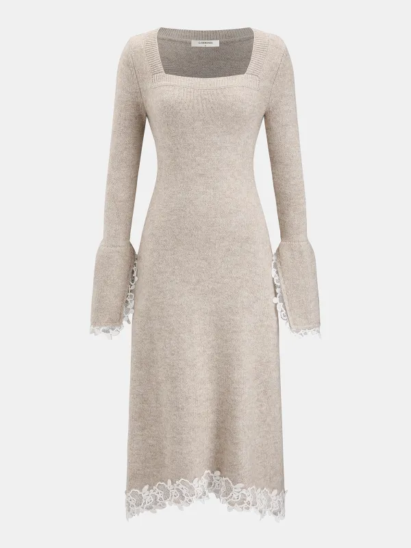Wool-Blend Lace-Trim Square-Neck Dress sold by COMMENSE
