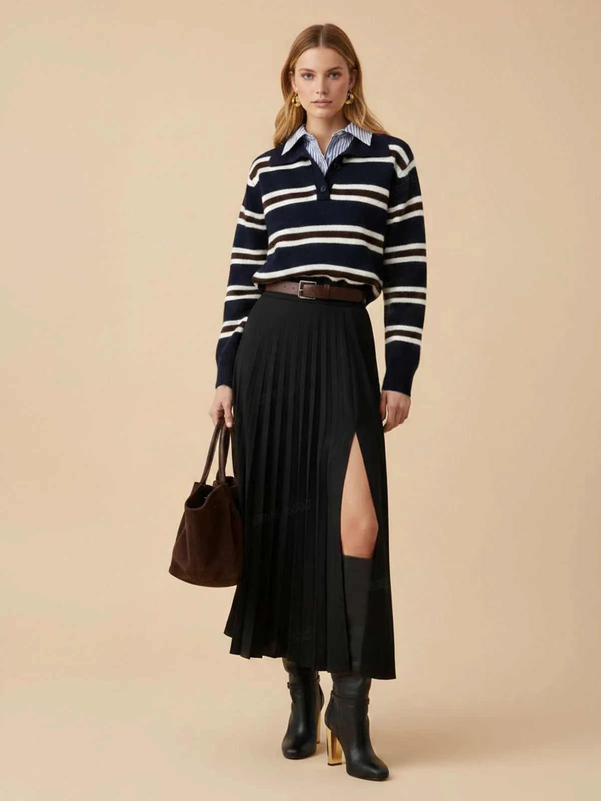Shirt Panel Striped Polo Knit Sweater sold by COMMENSE