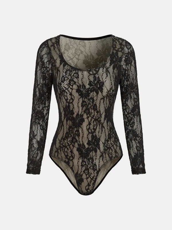 Floral Lace Long-Sleeve Bodysuit sold by COMMENSE