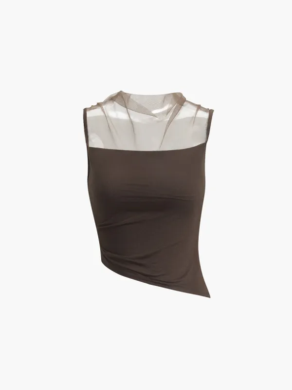 Combination Mesh Asymmetrical Crop Top sold by COMMENSE