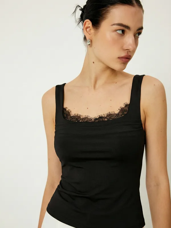 Lace Trim Square-Neck Tank Top sold by COMMENSE
