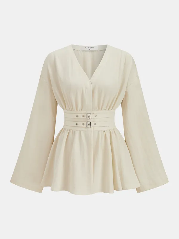 Cotton Blend Double-Buckle Peplum Blouse sold by COMMENSE