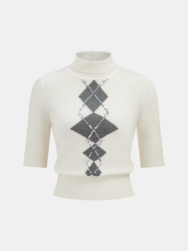 Embellished Argyle Wool-Blend Turtleneck Sweater sold by COMMENSE