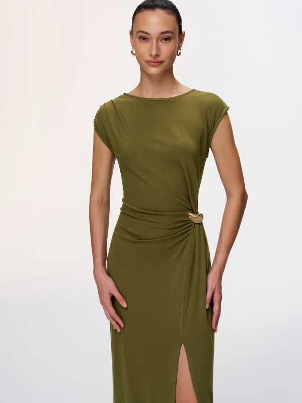 Metal Detail High-Slit Cap-Sleeve Dress made by COMMENSE