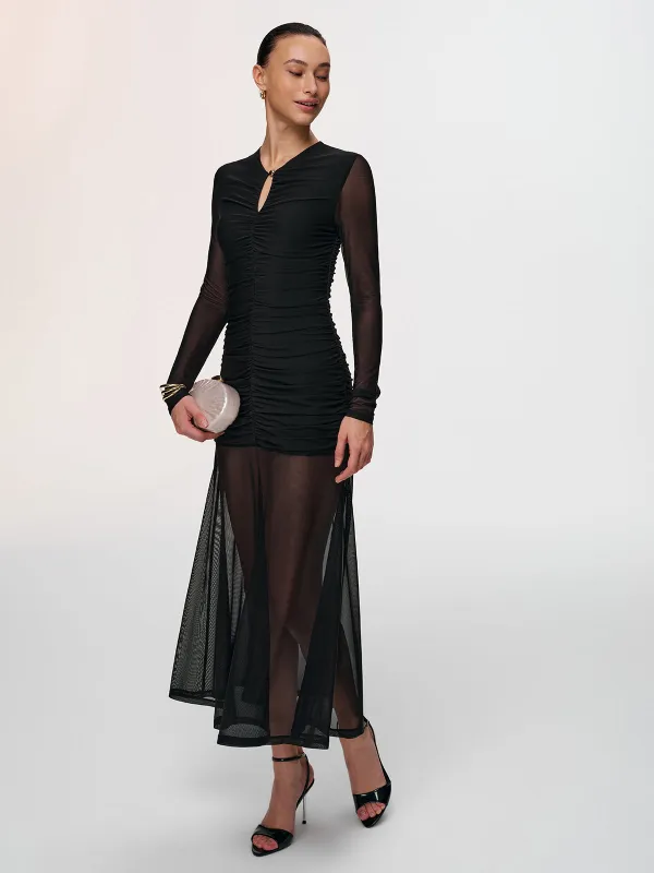 Semi-Sheer Mesh Ruched Keyhole-Neck Dress sold by COMMENSE