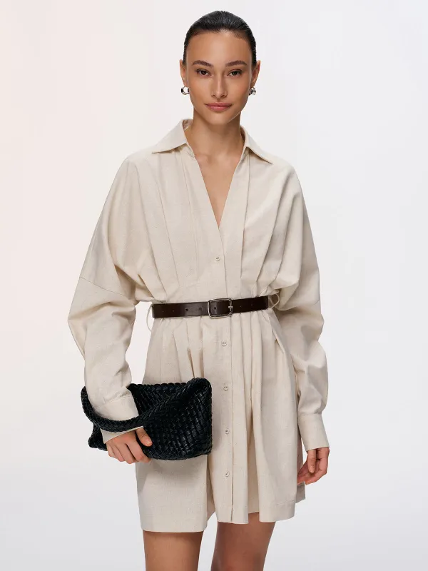 Pleated Cotton-Linen Belted Shirt Dress sold by COMMENSE