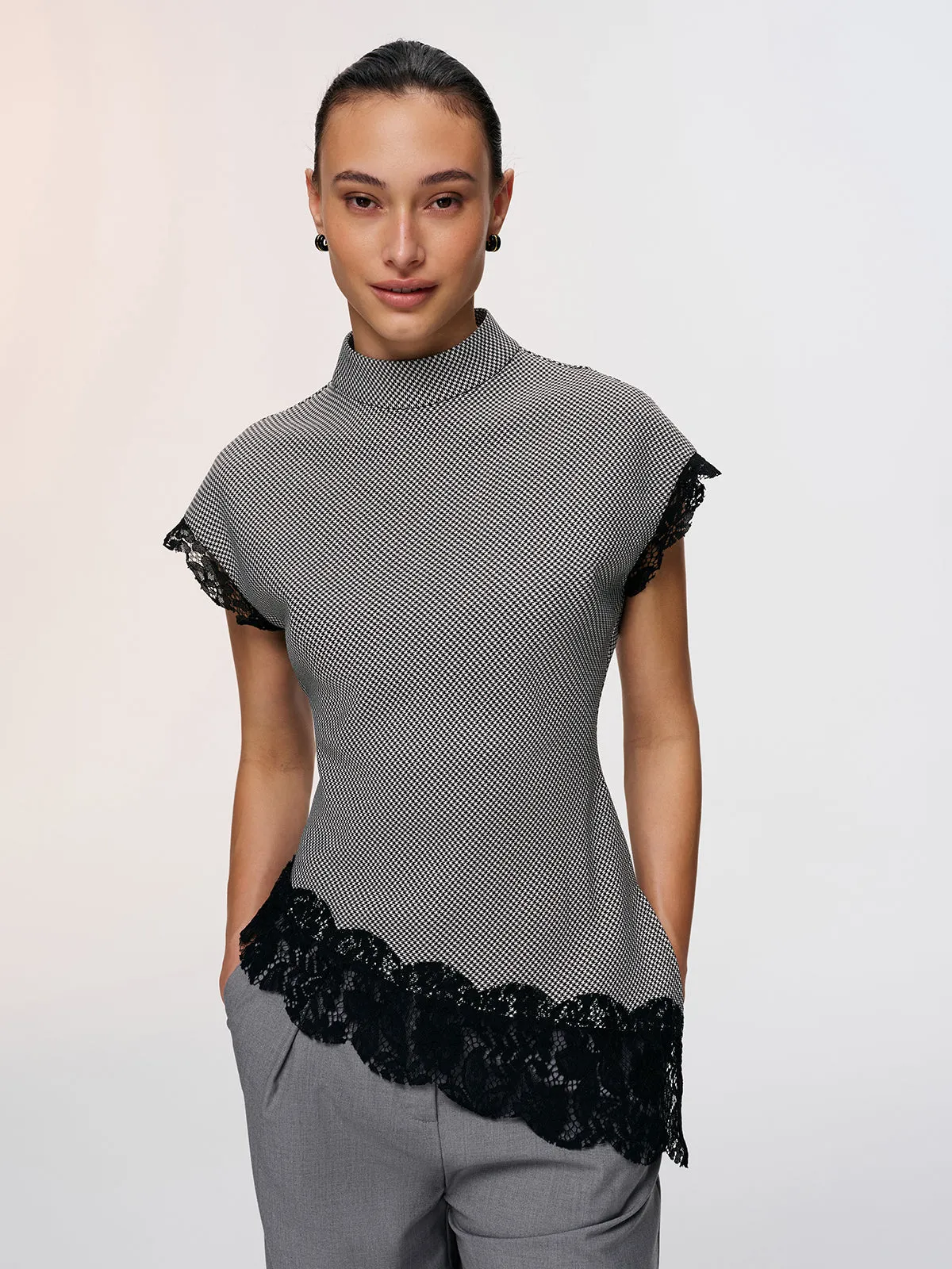 Lace Trim Houndstooth Mock Neck Top sold by COMMENSE product image thumbnail 4