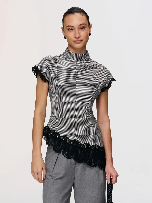 Lace Trim Houndstooth Mock Neck Top sold by COMMENSE