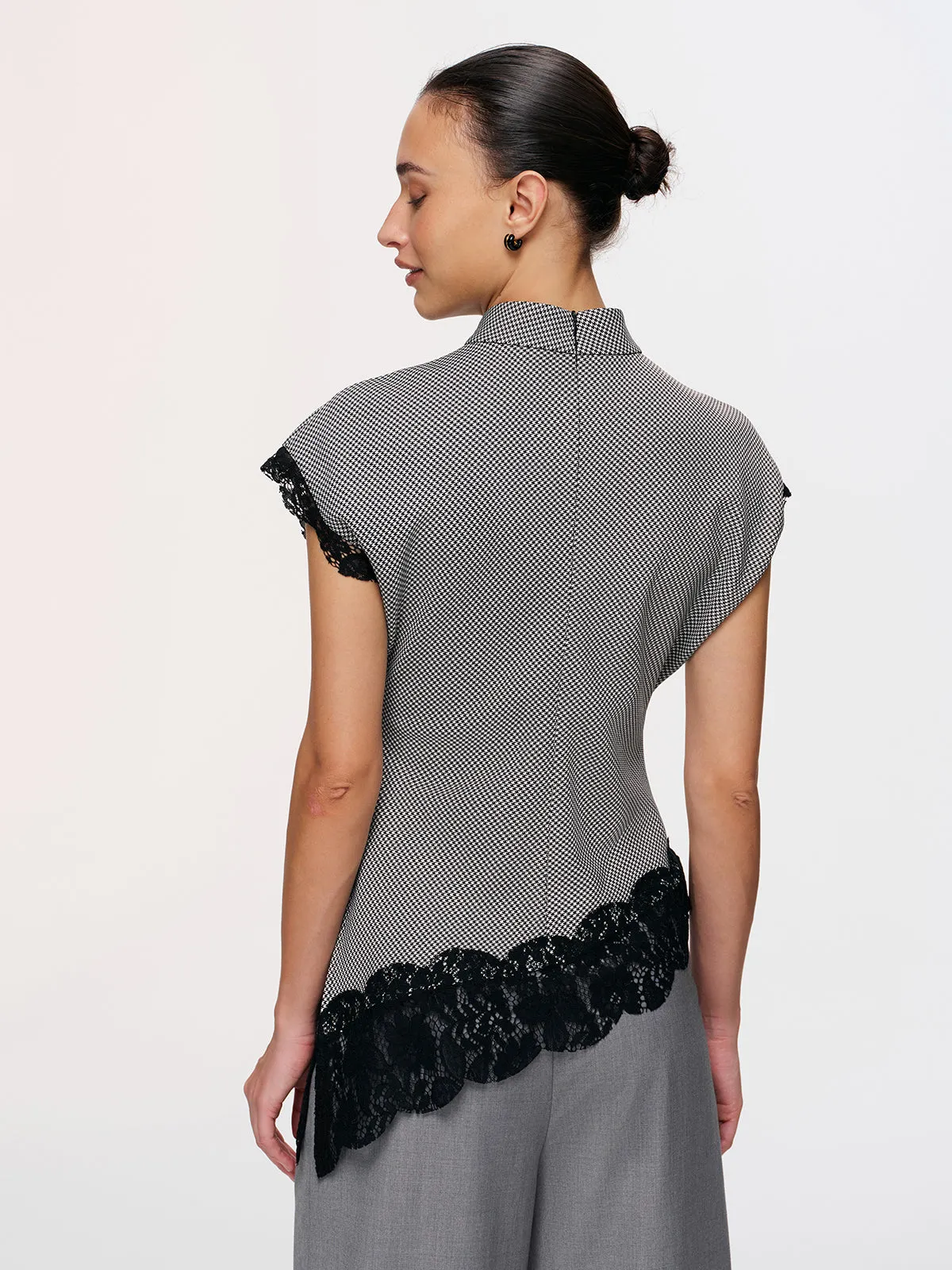 Lace Trim Houndstooth Mock Neck Top sold by COMMENSE product image thumbnail 5
