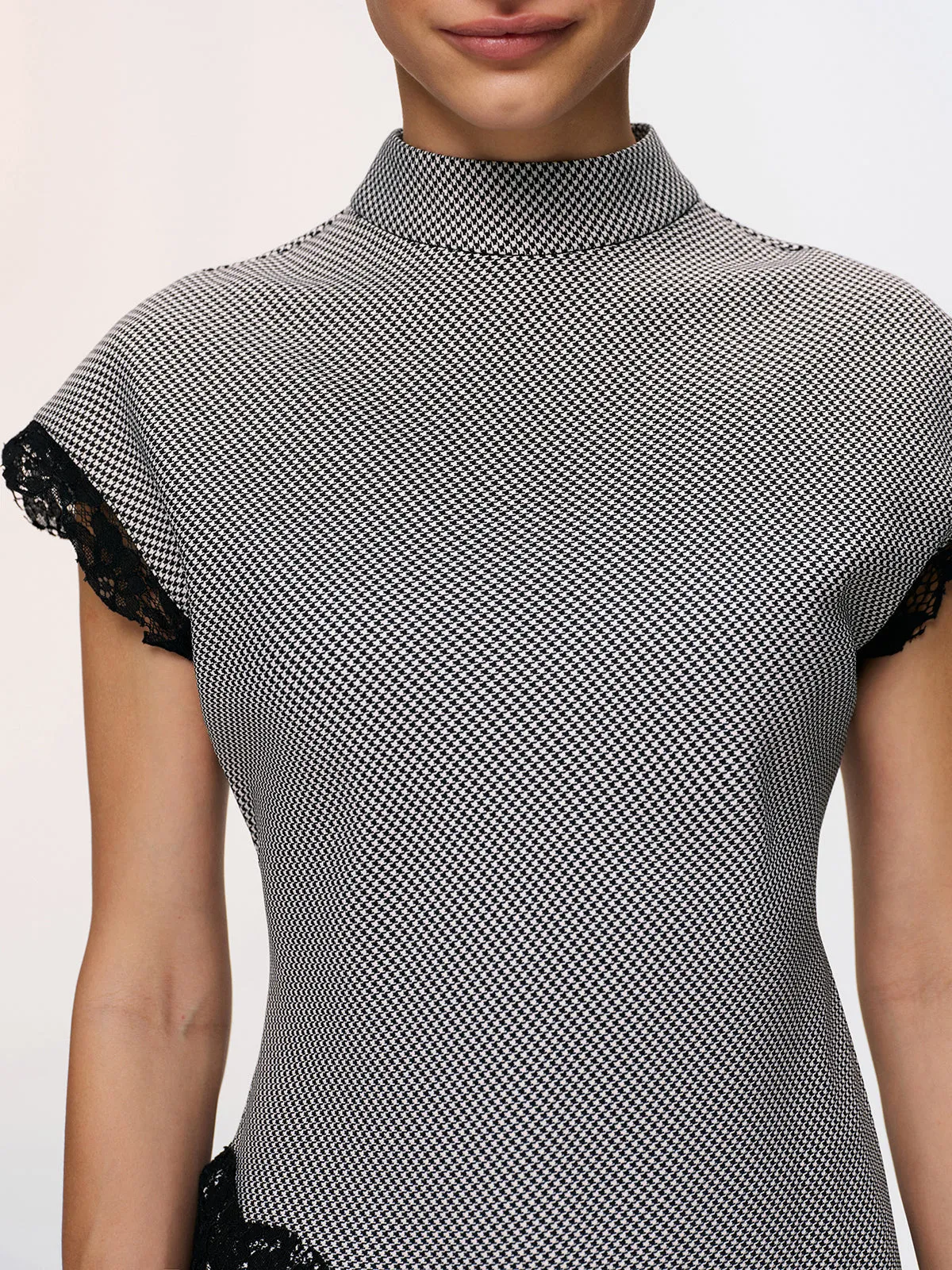 Lace Trim Houndstooth Mock Neck Top sold by COMMENSE product image thumbnail 2