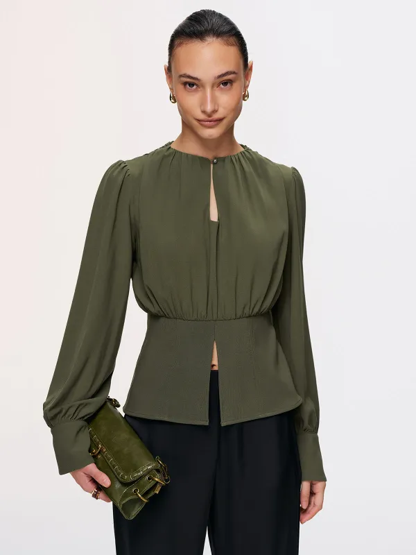 Keyhole Cut-Out Peplum Blouse sold by COMMENSE