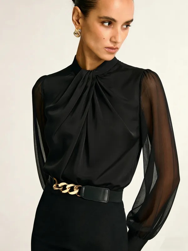 Sheer Sleeve Twist Front Satin Blouse sold by COMMENSE