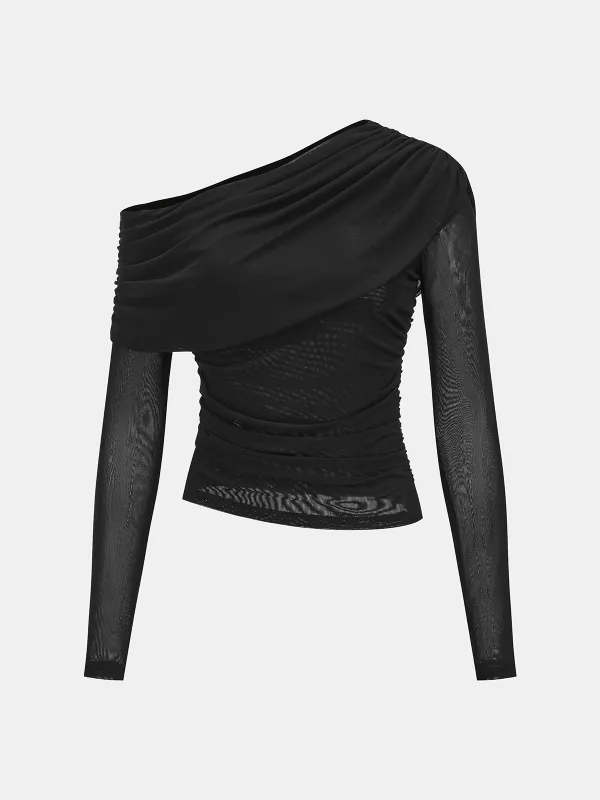 Semi-Sheer Mesh Off-Shoulder Ruched Top sold by COMMENSE