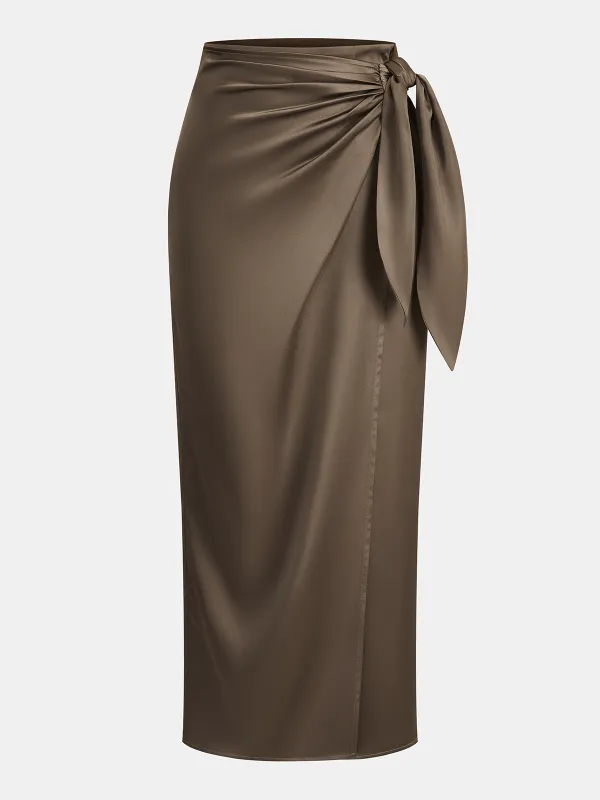 Satin Wrap-Tie Midi Skirt sold by COMMENSE