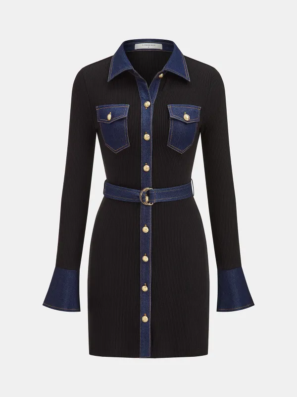 Belted Denim Panel Ribbed Knit Mini Dress sold by COMMENSE