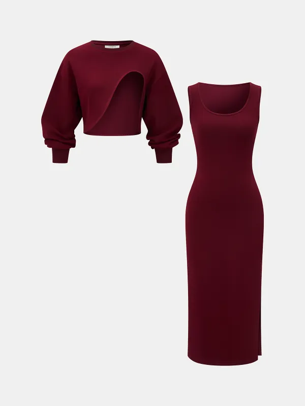 Cut-Out Cropped Sweatshirt & Bodycon Dress Set sold by COMMENSE