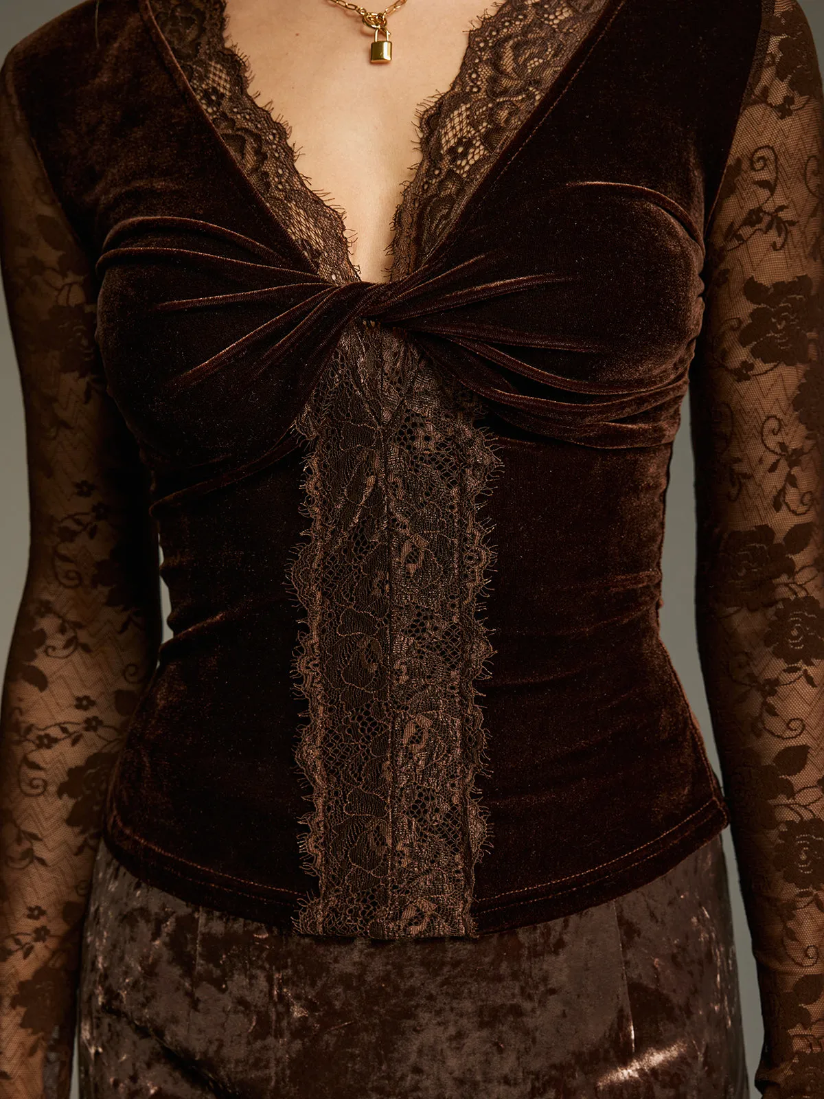 Velvet V-Neck Lace Panel Twisted Top sold by COMMENSE product image thumbnail 4