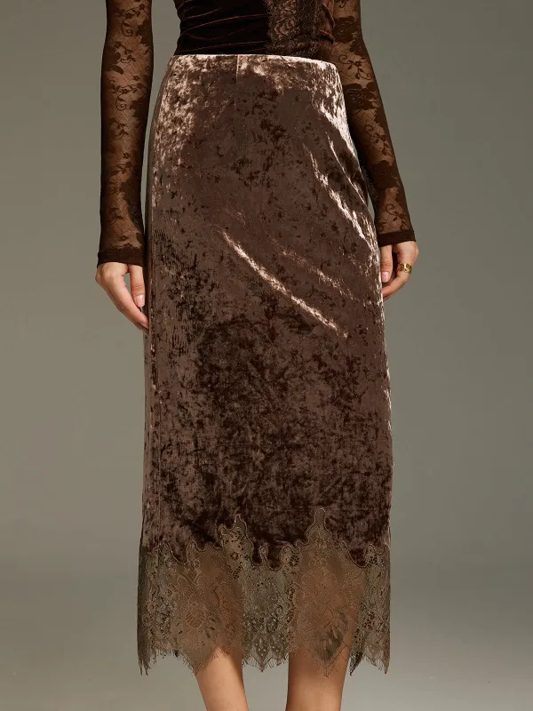 Lace Hem Velvet Midi Skirt sold by COMMENSE