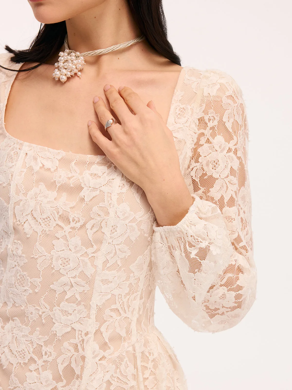 Semi-Sheer Floral Lace Square Neck Mini Dress sold by COMMENSE product image thumbnail 4