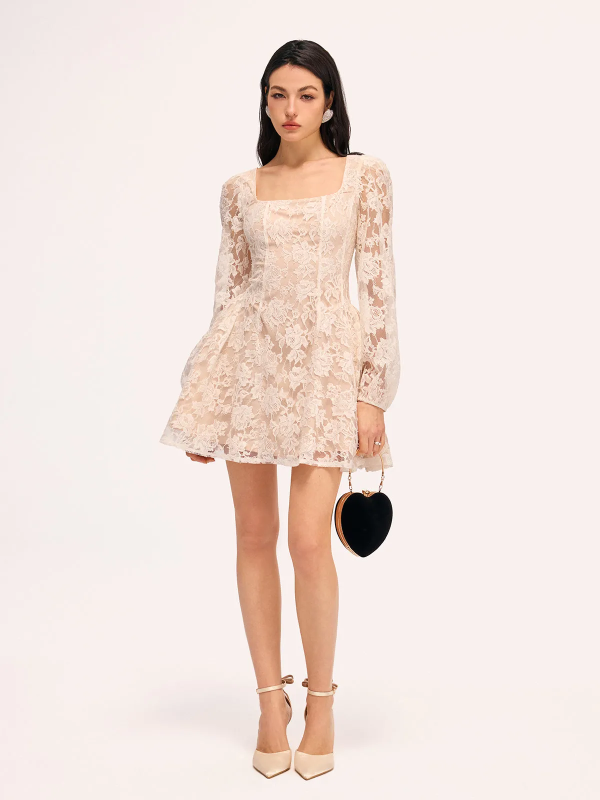 Semi-Sheer Floral Lace Square Neck Mini Dress sold by COMMENSE product image thumbnail 5