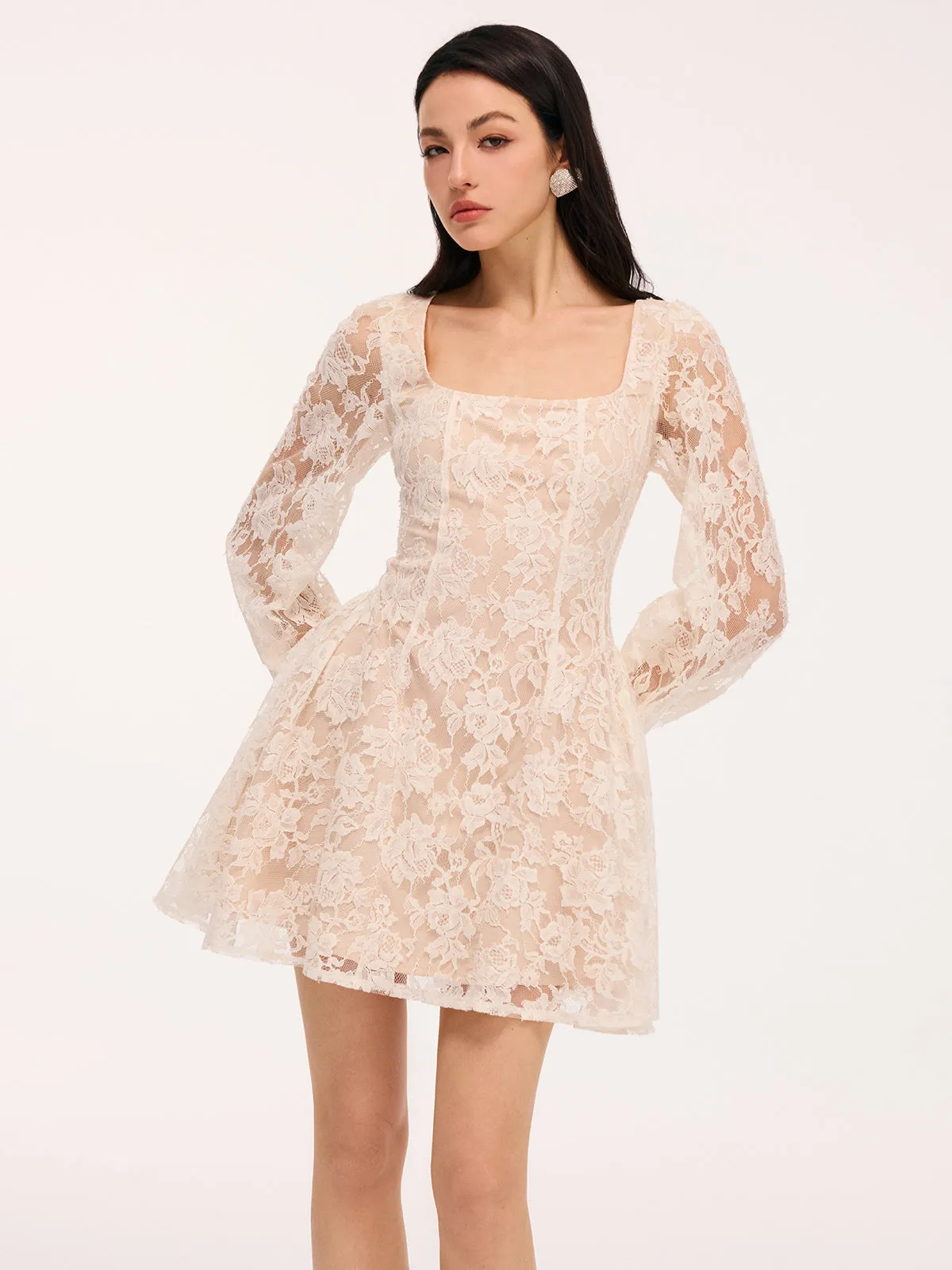 Semi-Sheer Floral Lace Square Neck Mini Dress sold by COMMENSE product image thumbnail 3