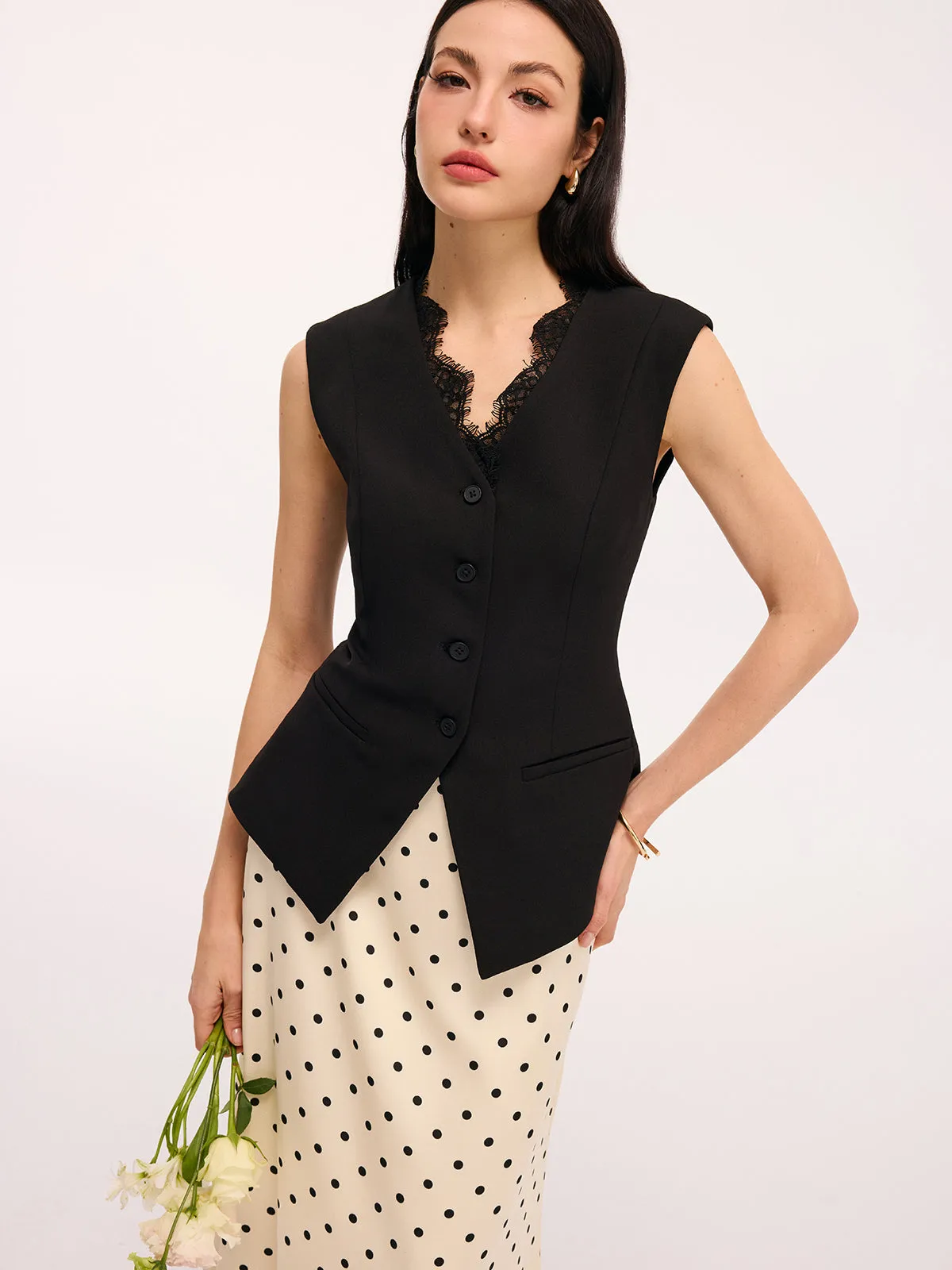 Lace Trim Sleeveless Vest sold by COMMENSE