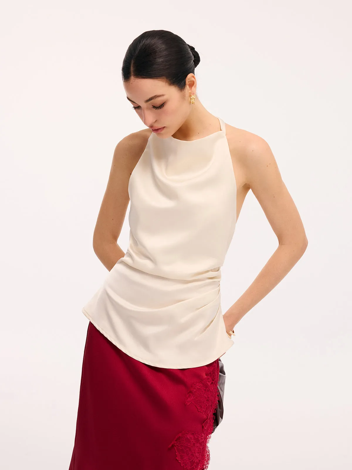 Braided Back Detail Satin Halter Top sold by COMMENSE