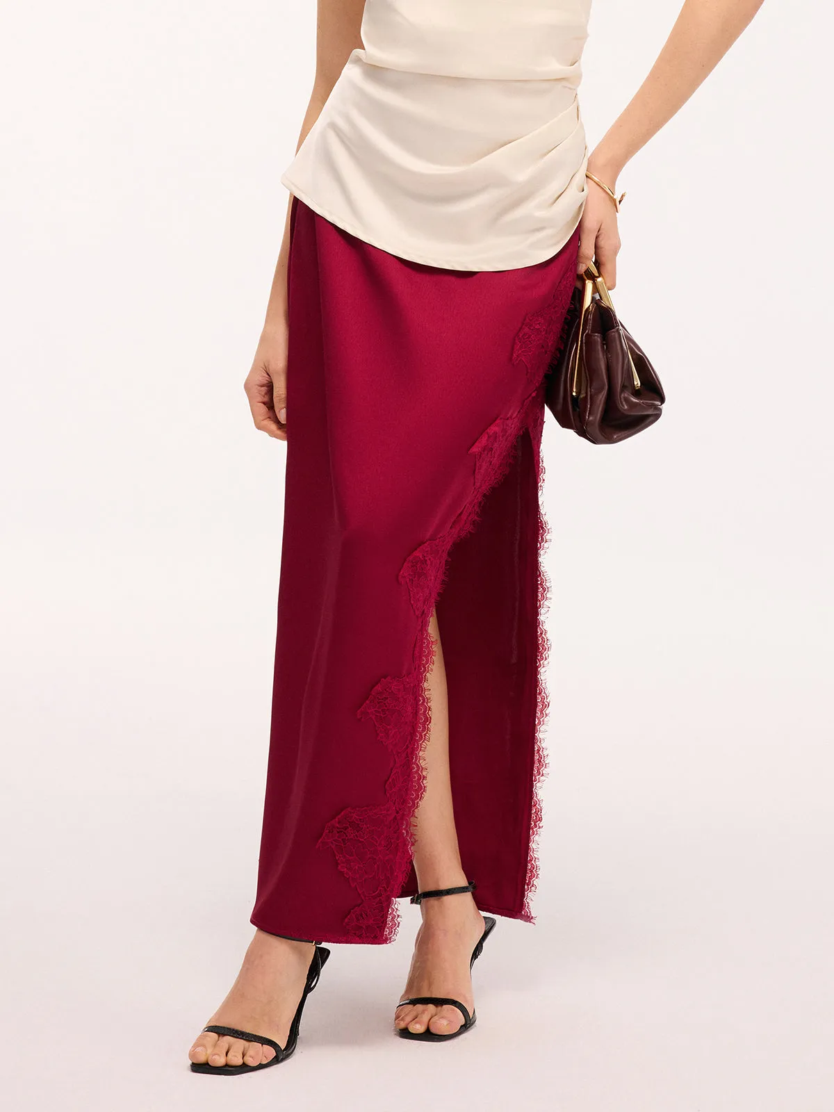 Side Slit Lace Trim Satin Maxi Skirt sold by COMMENSE product image thumbnail 4