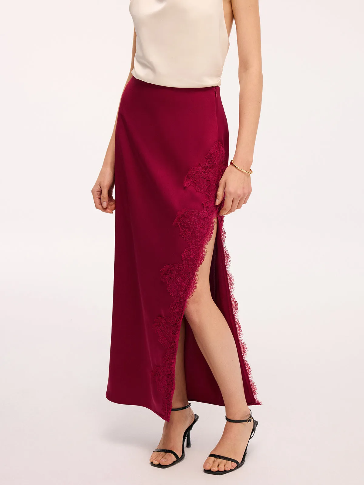 Side Slit Lace Trim Satin Maxi Skirt sold by COMMENSE