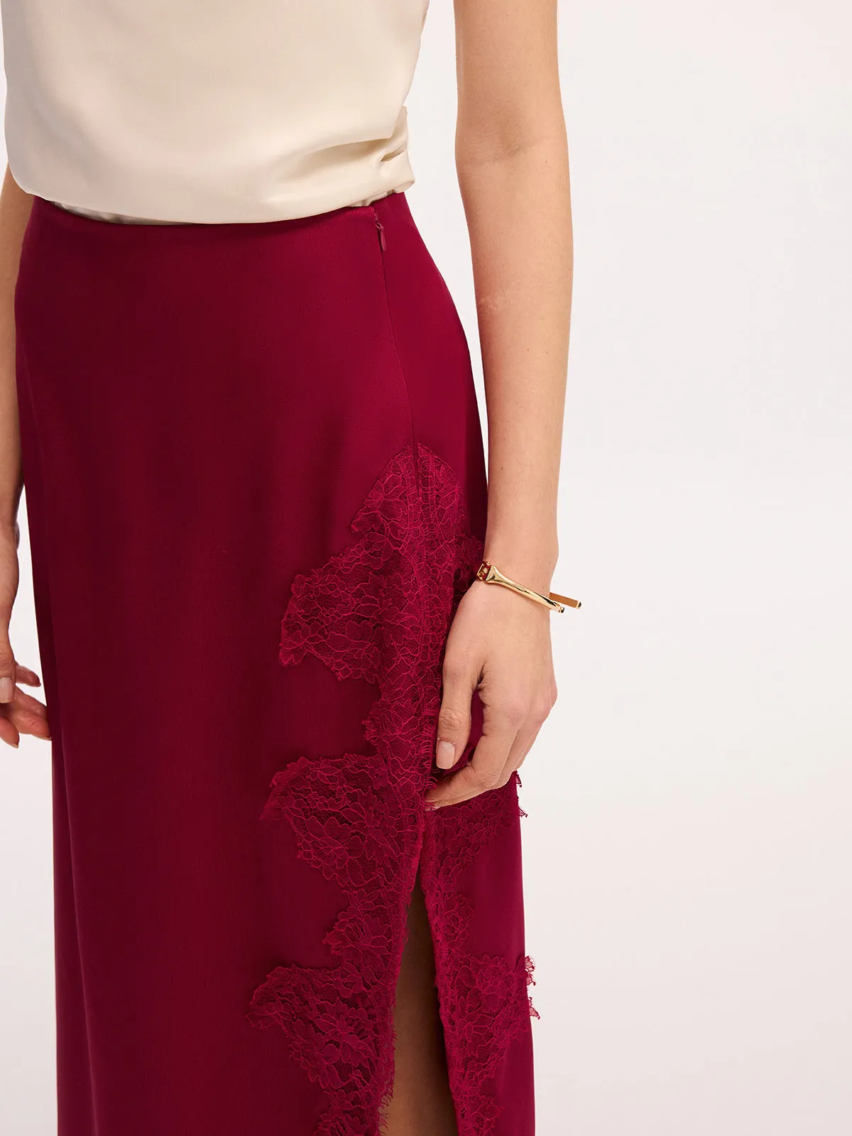 Side Slit Lace Trim Satin Maxi Skirt sold by COMMENSE product image thumbnail 5