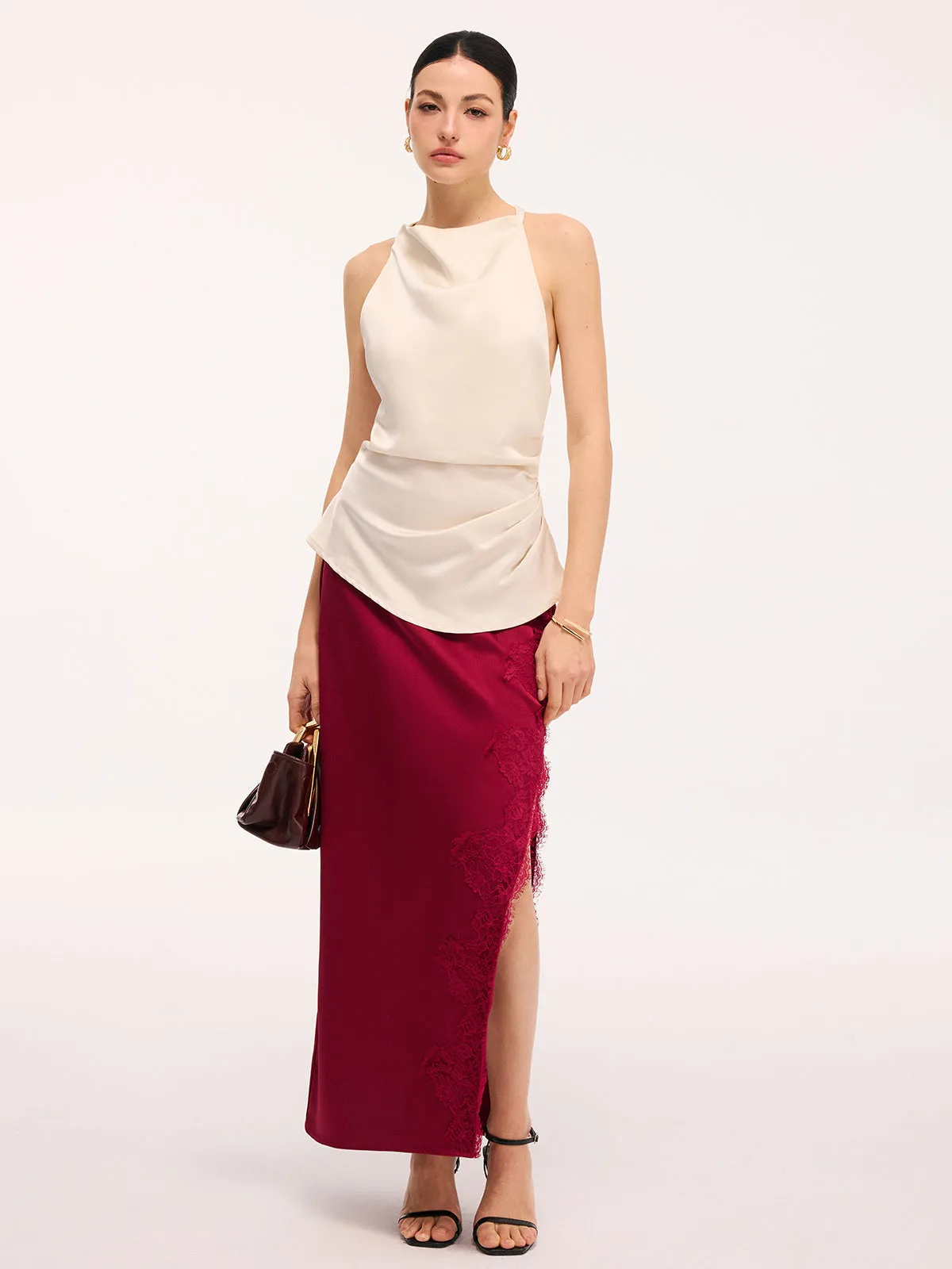 Side Slit Lace Trim Satin Maxi Skirt sold by COMMENSE product image thumbnail 2