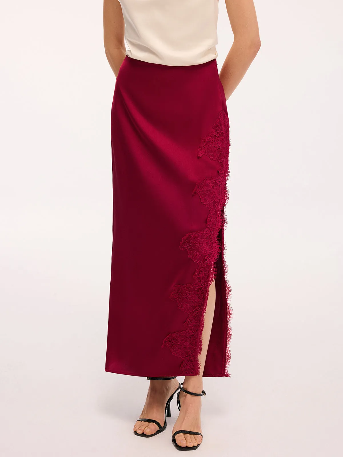 Side Slit Lace Trim Satin Maxi Skirt sold by COMMENSE product image thumbnail 3