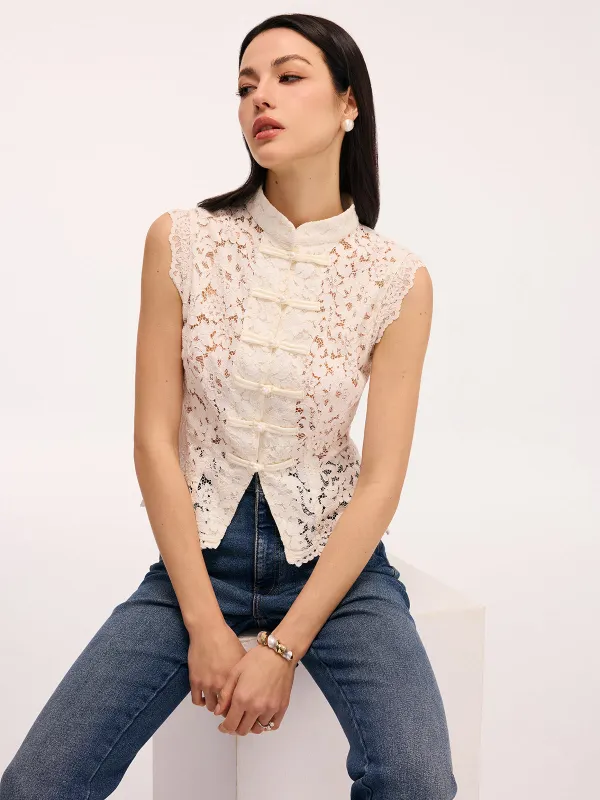 Lace Mandarin Collar Pearl Button Sleeveless Top sold by COMMENSE