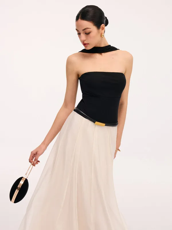 Paneled Design Color-Block Halter Backless Maxi Dress sold by COMMENSE