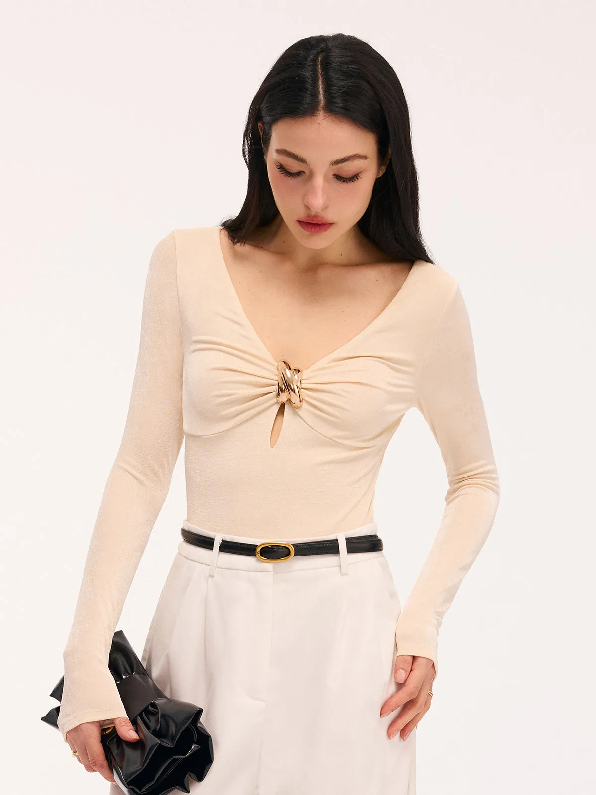 Metal Detail Cut-Out Long-Sleeve Bodysuit sold by COMMENSE