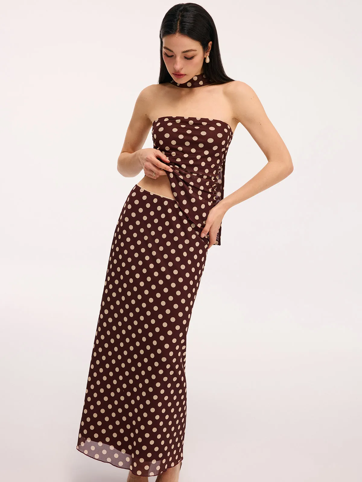 Polka Dot Ruched Scarf Top & Maxi Skirt Set sold by COMMENSE product image thumbnail 5