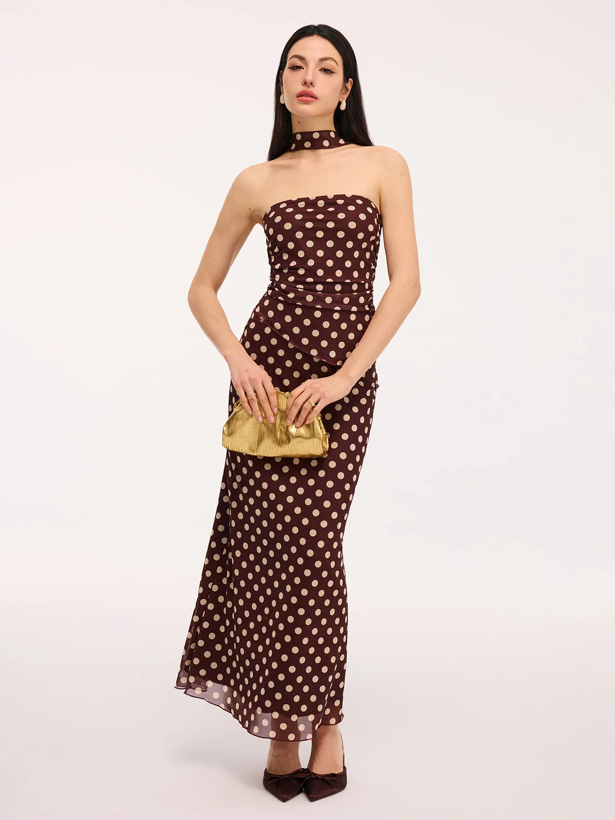 Polka Dot Ruched Scarf Top & Maxi Skirt Set sold by COMMENSE product image thumbnail 2