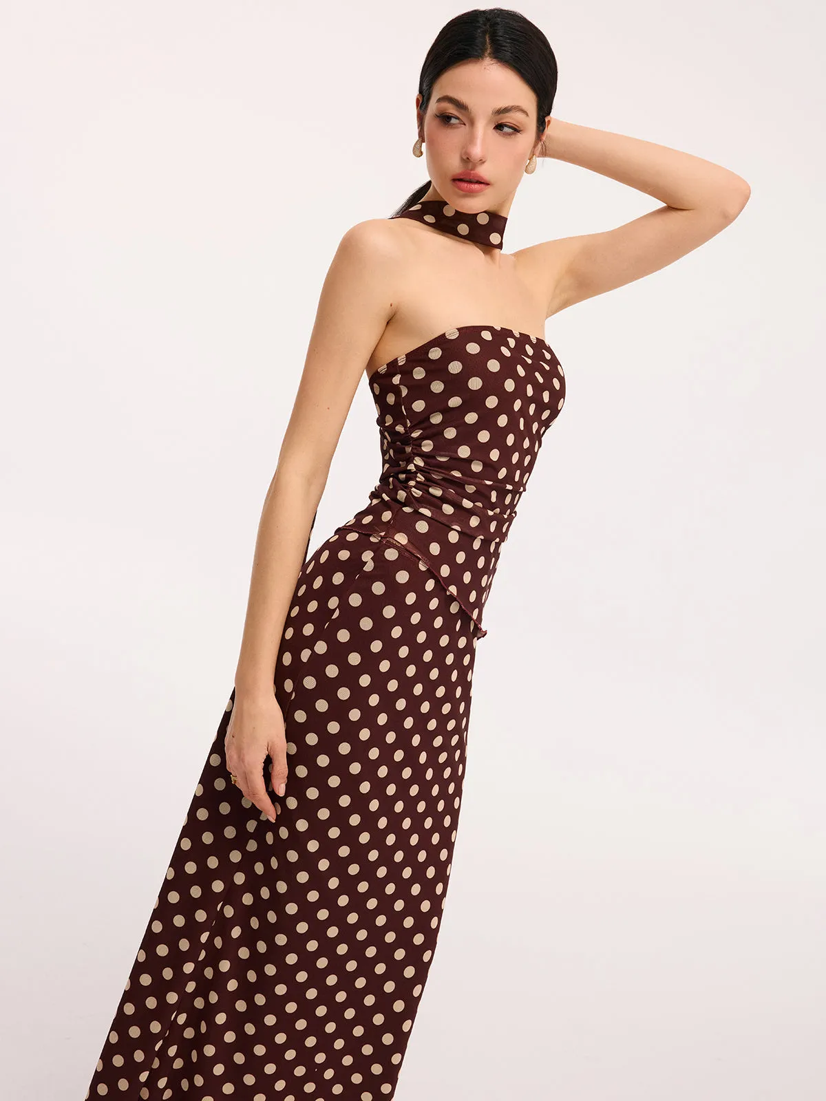 Polka Dot Ruched Scarf Top & Maxi Skirt Set sold by COMMENSE product image thumbnail 3