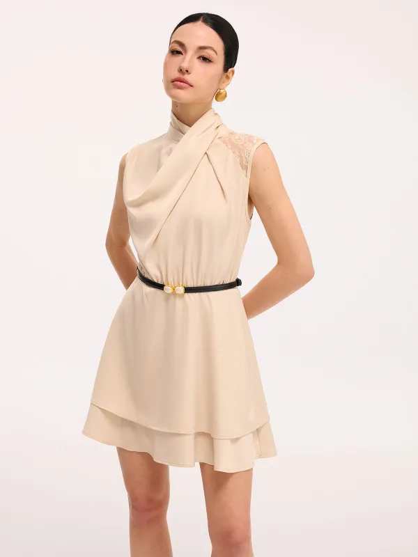 Layered Hem Lace Panel Satin Dress without Belt sold by COMMENSE
