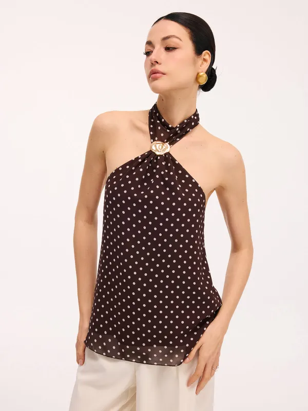 Metal Detail Backless Polka Dot Halter Top sold by COMMENSE