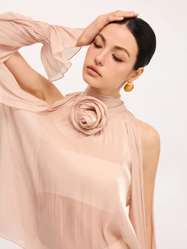 3D Rose Halter Neck Bell Sleeve Sheer Blouse sold by COMMENSE