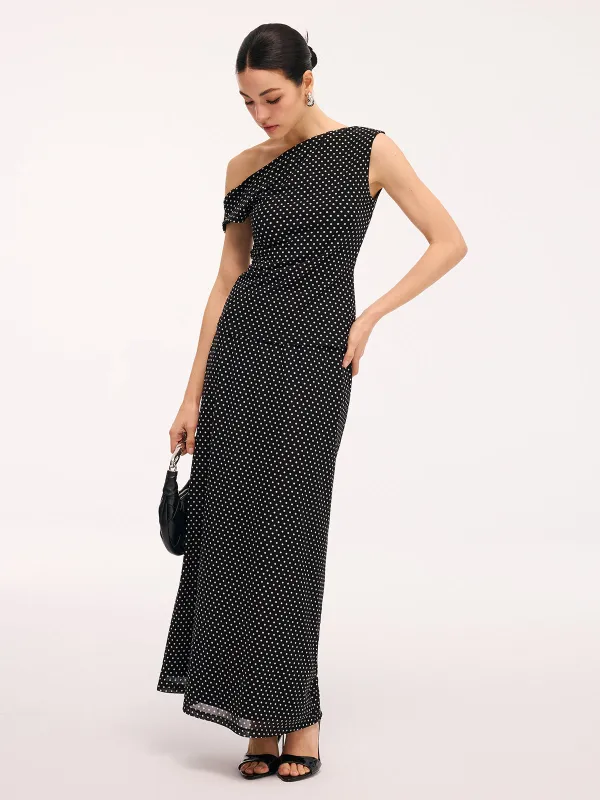 Polka Dot One-Shoulder Top & Maxi Skirt Set made by COMMENSE