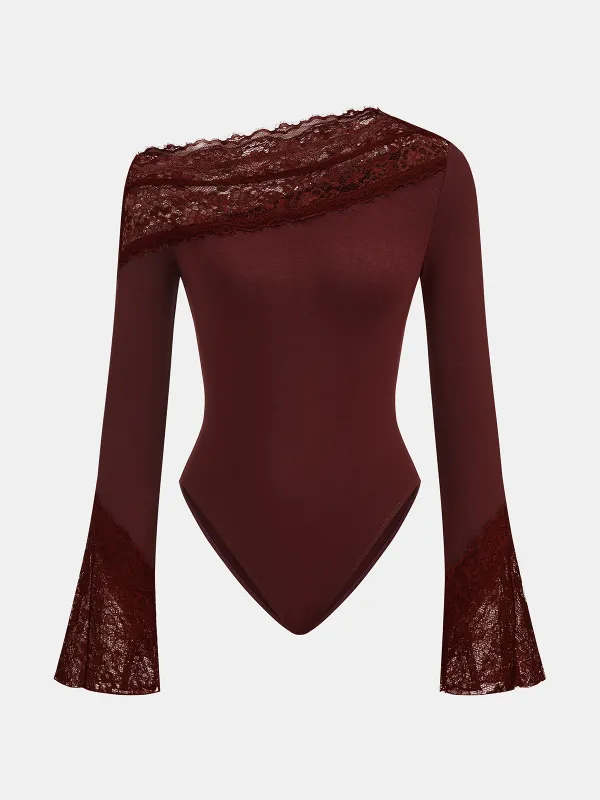 Lace Trim Bell Sleeve Off-Shoulder Bodysuit made by COMMENSE
