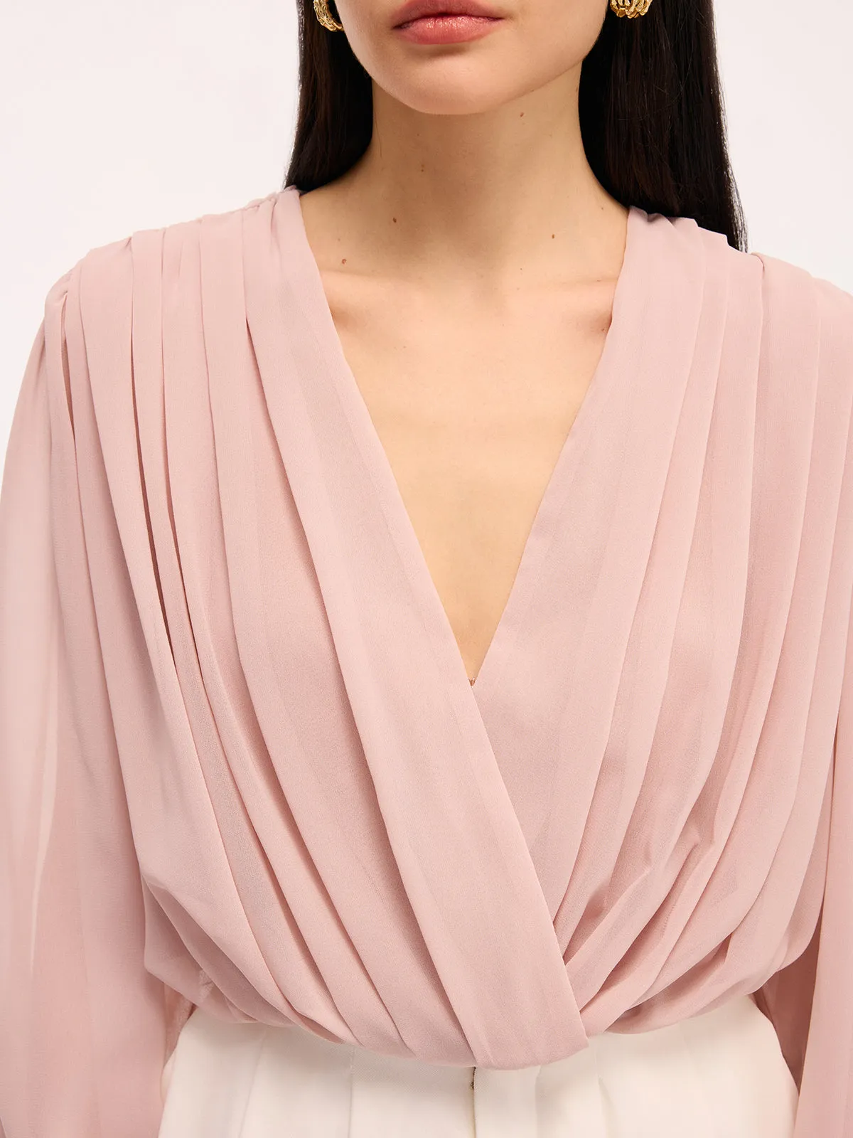 Pleated Deep V-Neck Long Sleeve Bodysuit sold by COMMENSE product image thumbnail 4